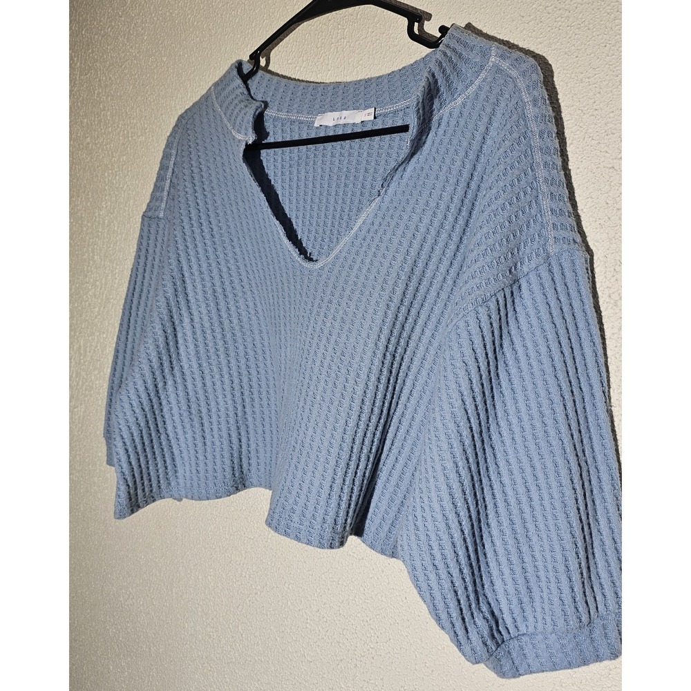 Lush Blue Waffle Knit Oversized Crop Top Size S‎ Boxy Comfort Wear Boho Hippie